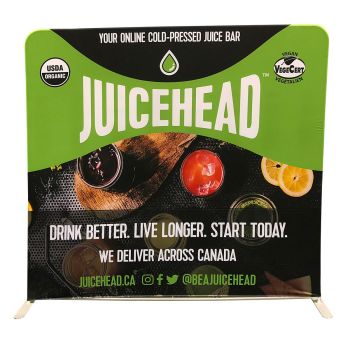 The front view of a full colour 8ft promotional media wall to promote a juice company. The wall is ready to be used at tradeshows and events in Ontario, Canada.