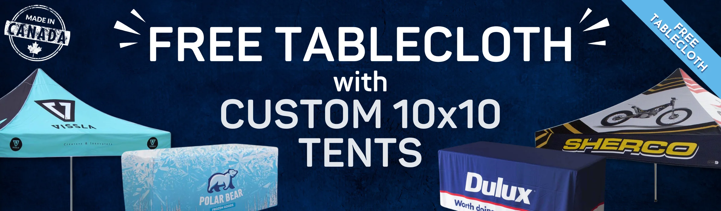 Custom Pop Up Tents with a FREE 6ft Tablecloth, for a Limited Time Only! Get Trade Show Ready with Fully Customizable Event Tents for Great Brand Visibility.