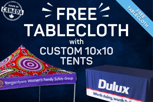 Custom Pop Up Tents with a FREE 6ft Tablecloth, for a Limited Time Only! Get Trade Show Ready with Fully Customizable Event Tents for Great Brand Visibility.